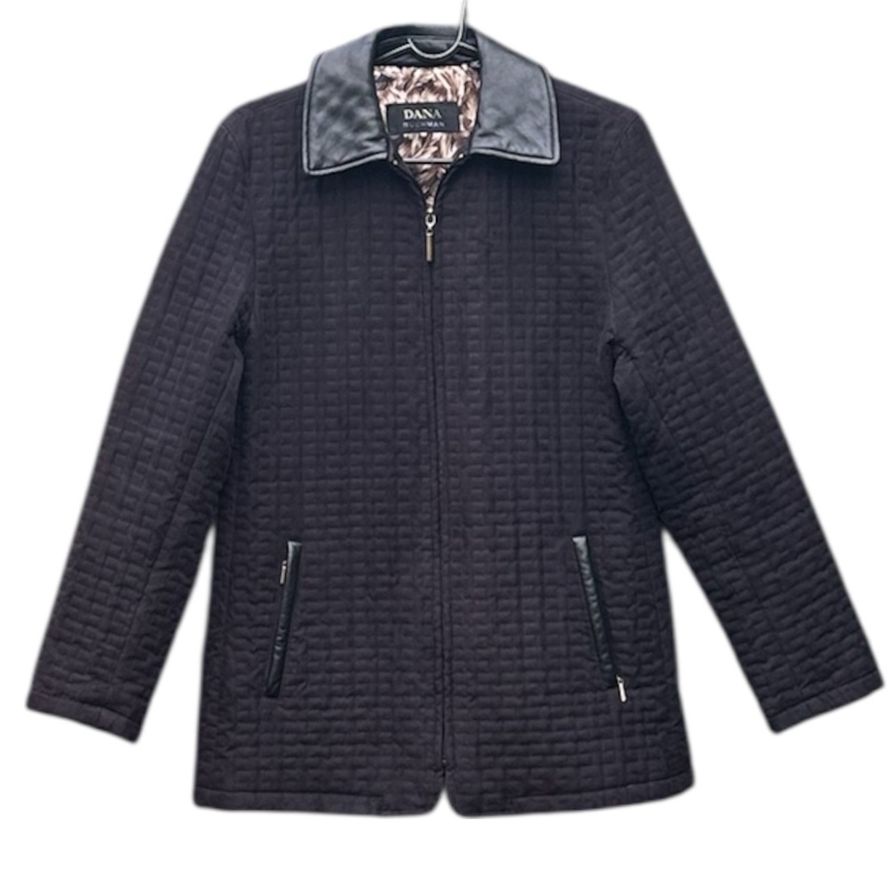 DANA BUCHMAN Women’s Quilted Genuine Leather Trim Collar Zip Up Mid Length Coat